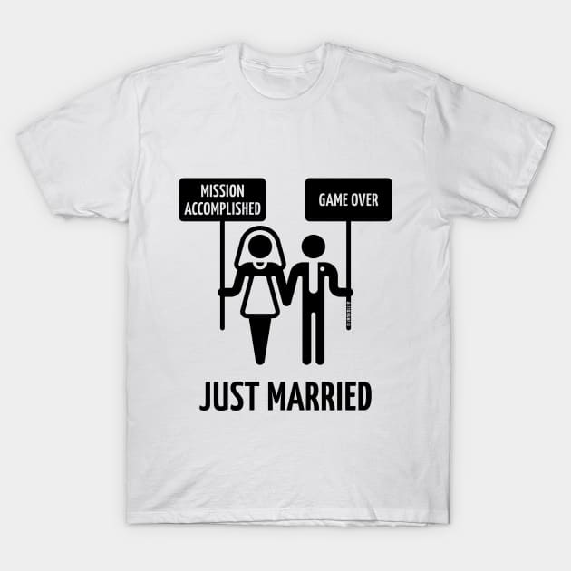 Just Married – Mission Accomplished – Game Over (Wedding / Black) T-Shirt by MrFaulbaum